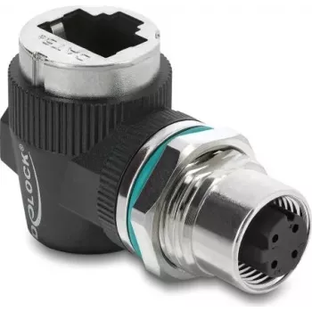 Delock M12 Adapter D-coded 4 Pin Female to RJ45 Female Panel Mount 90° Angled