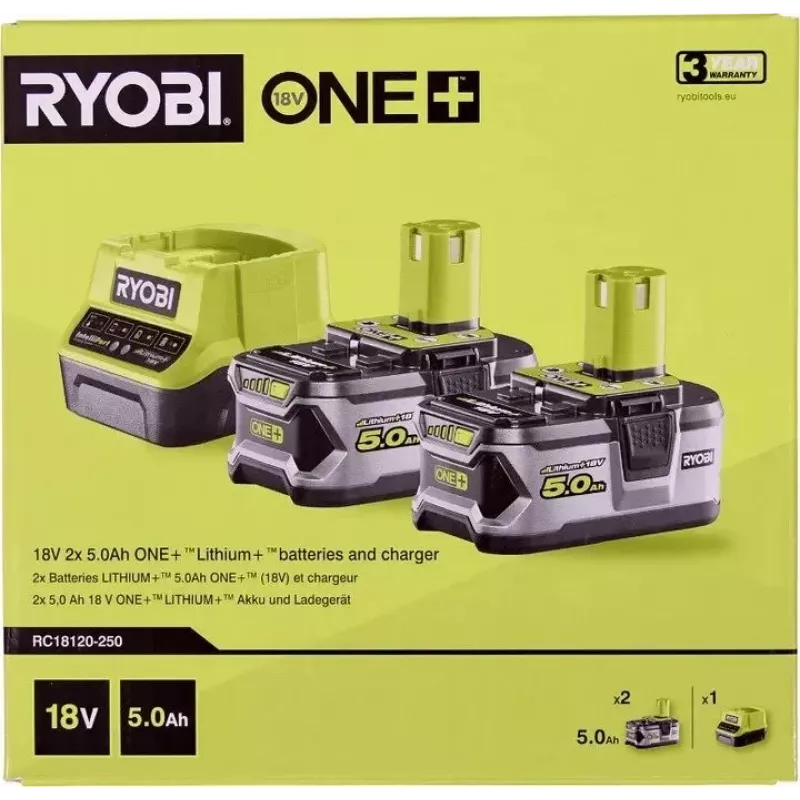 RYOBI RC18120-250 2x 18V 5.0Ah Lithium+ akukomplekt kompaktlaadijaga