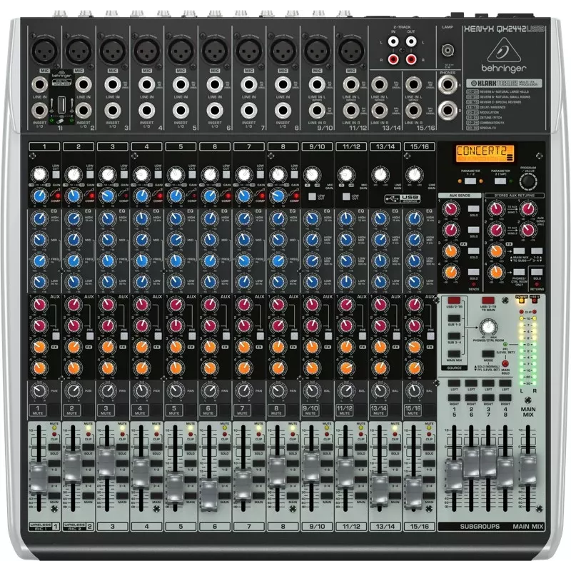 Behringer QX2442USB 24-sisendiga 4/2-bussi analoogmikser USB-liidese ja FX-iga