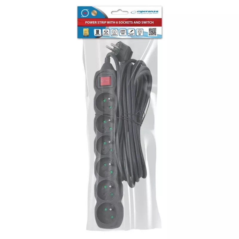 ESPERANZA ELK219K Toite pikendus 5 m 6 AC pistikupesa Sisemust Must