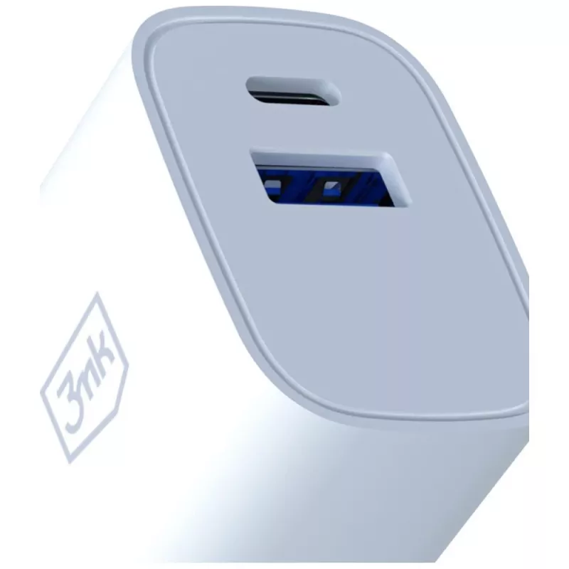 3MK FlowPower 30W USB-A USB-C PD 3.0 QC 4+ seinälaadija valge