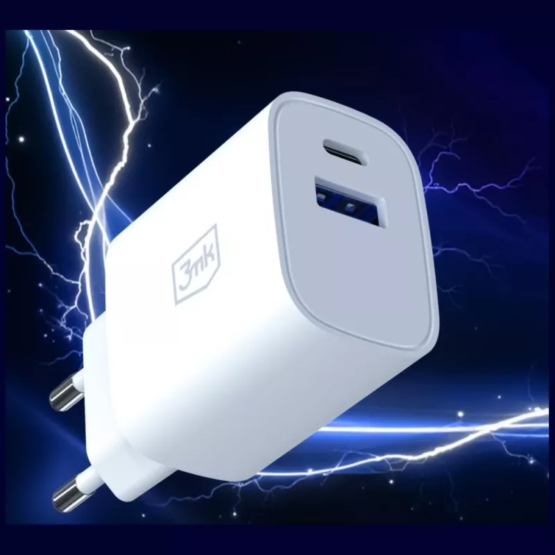 3MK FlowPower 30W USB-A USB-C PD 3.0 QC 4+ seinälaadija valge