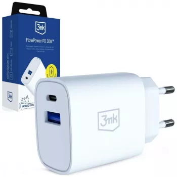 3MK FlowPower 30W USB-A USB-C PD 3.0 QC 4+ seinälaadija valge