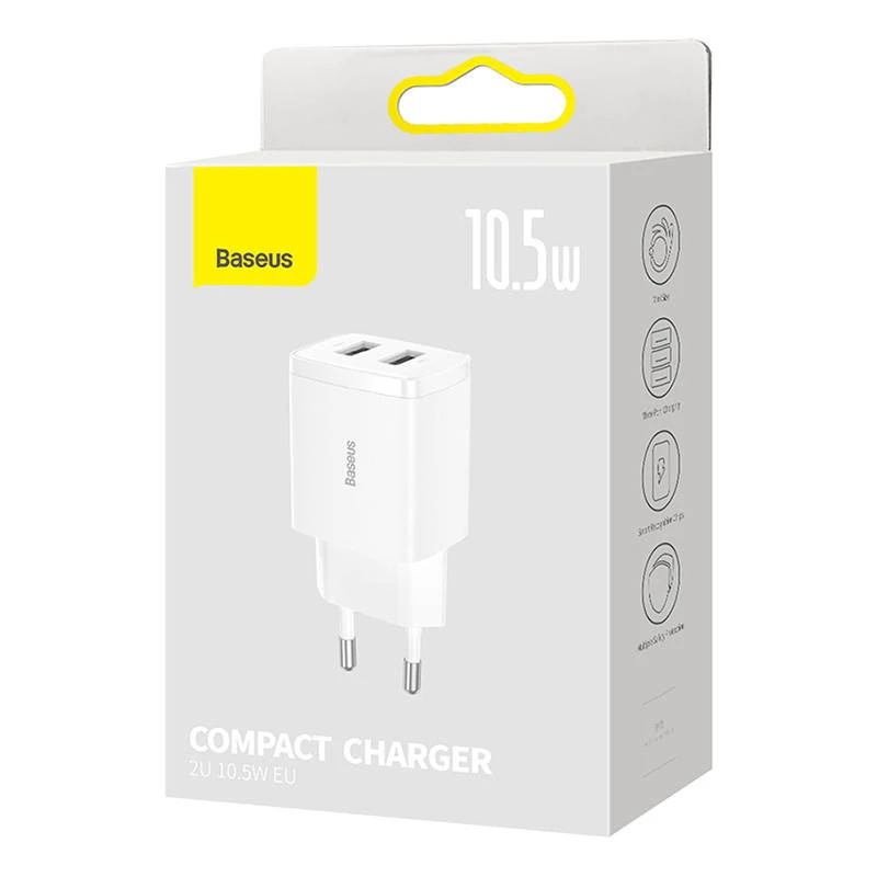 Baseus Compact Universal White AC Indoor Charger 10.5W 2 USB-A Ports