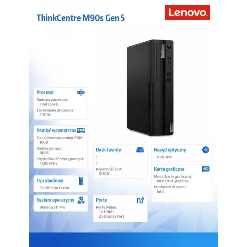 Lenovo ThinkCentre M90s Gen 5 SFF Desktop PC, Intel Core i5-14600, 16GB DDR5, 512GB SSD, DVD-RW, Wi-Fi, Bluetooth, Windows 11 Pro, Must, 3Y Onsite + 1Y Premier Support