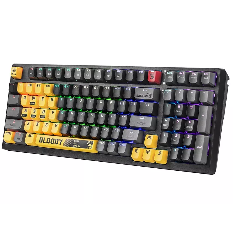 A4Tech Bloody S98 Sports Lime mehaaniline klaviatuur, BLMS Red Plus lülitid, 98-klahviga kompaktne, RGB taustvalgus, USB-C eemaldatav