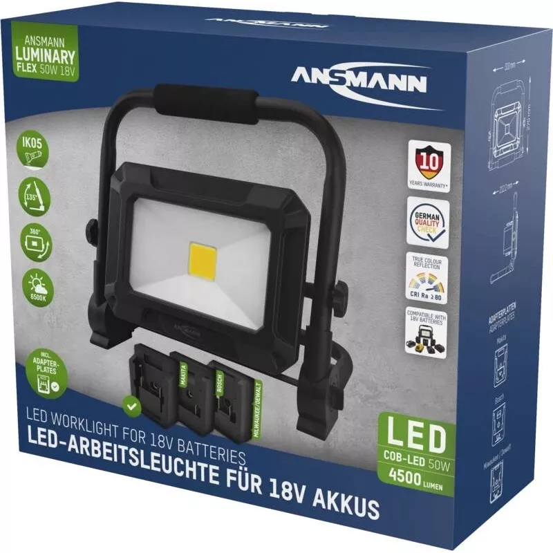 ANSMANN 1600-0713 LED töövalgusti FL50W 18V akutööriistade akupakkidele koos adapterplaatidega