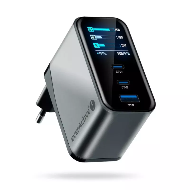 EVERACTIVE SC-670Q GaN 67W USB-C laadija 2x USB-C ja 1x USB-A, Quick Charge 4+, PD 3.0, must