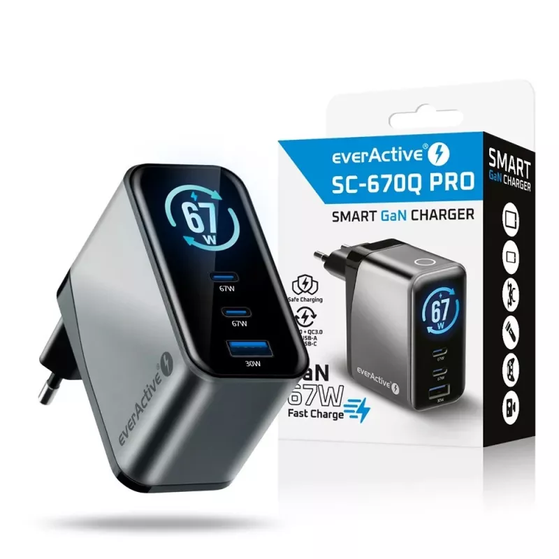 EVERACTIVE SC-670Q GaN 67W USB-C laadija 2x USB-C ja 1x USB-A, Quick Charge 4+, PD 3.0, must