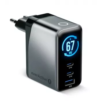 EVERACTIVE SC-670Q GaN 67W USB-C laadija 2x USB-C ja 1x USB-A, Quick Charge 4+, PD 3.0, must