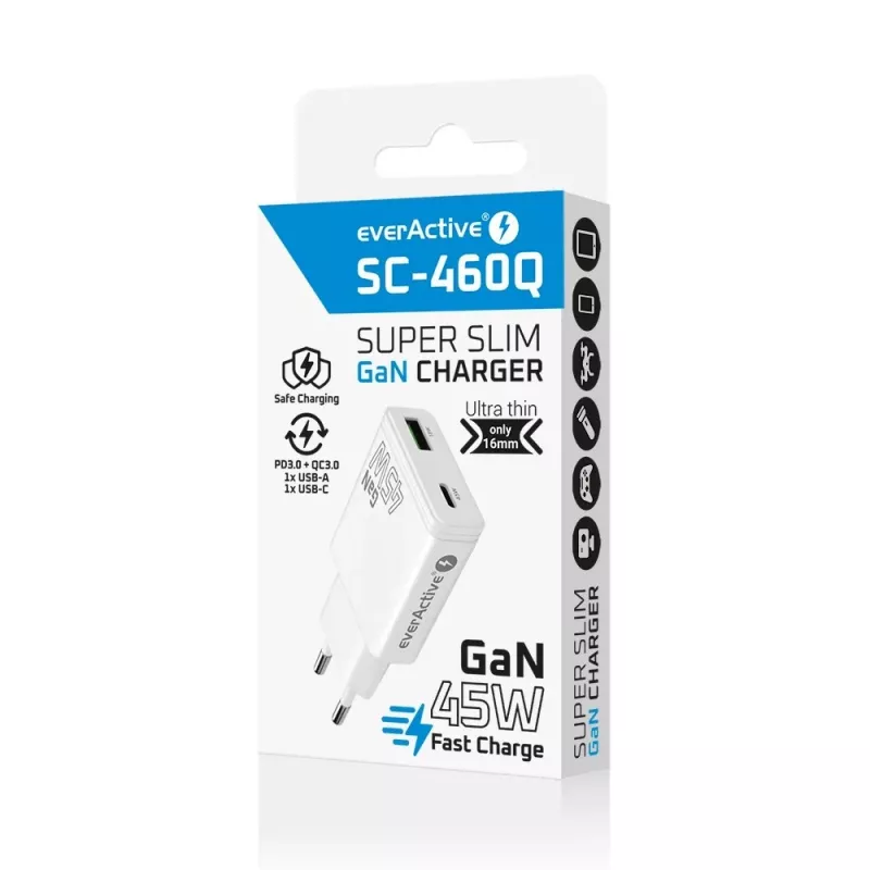 EVERACTIVE GaN QC3.0 45W USB-C seinadapter SC-460Q Valge