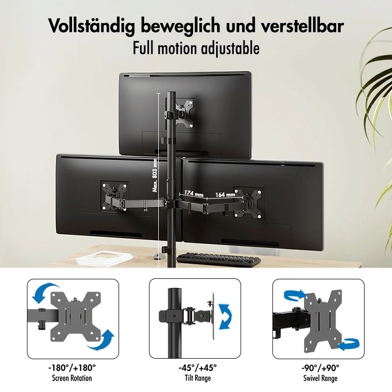 LOGILINK Kolmekordne monitorihoidja 17-27 tolli ekraanidele, 10 kg haru kohta, must
