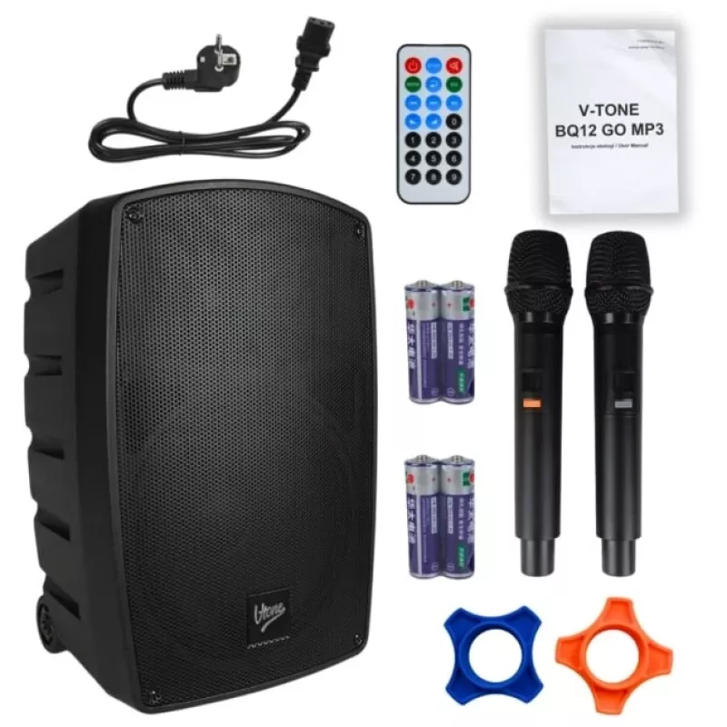 V-TONE BQ12 GO MP3 Active 8 inch Battery-Powered Speaker with Wireless Microphone and Remote Control, Black