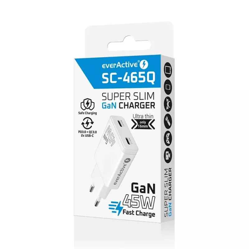 EVERACTIVE GaN 45W USB-C Laadija QC3.0 SC-465Q Valge