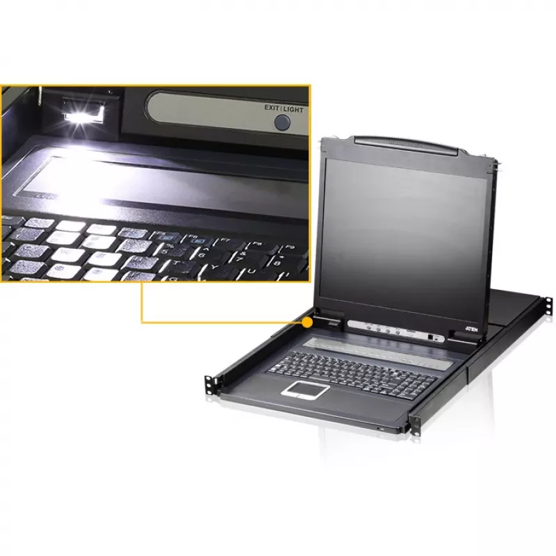ATEN CL1308N LCD KVM-konsool 8-pordilise KVM-lülitiga - 19 inch LCD, PS/2 ja USB, VGA, 1280x1024, must, 1U riiulisse paigaldatav