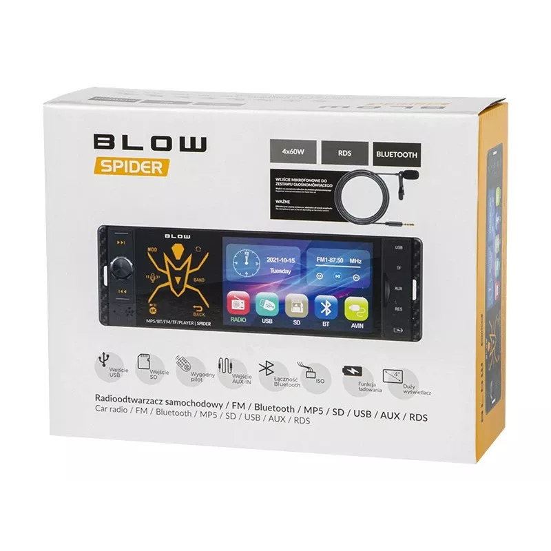 BLOW Spider 4CAL RDS RGB autoraadio Bluetooth, USB, SD, AUX, puuteekraan, RGB taustvalgustus, kaugjuhtimispult, 1 DIN, 4x45W