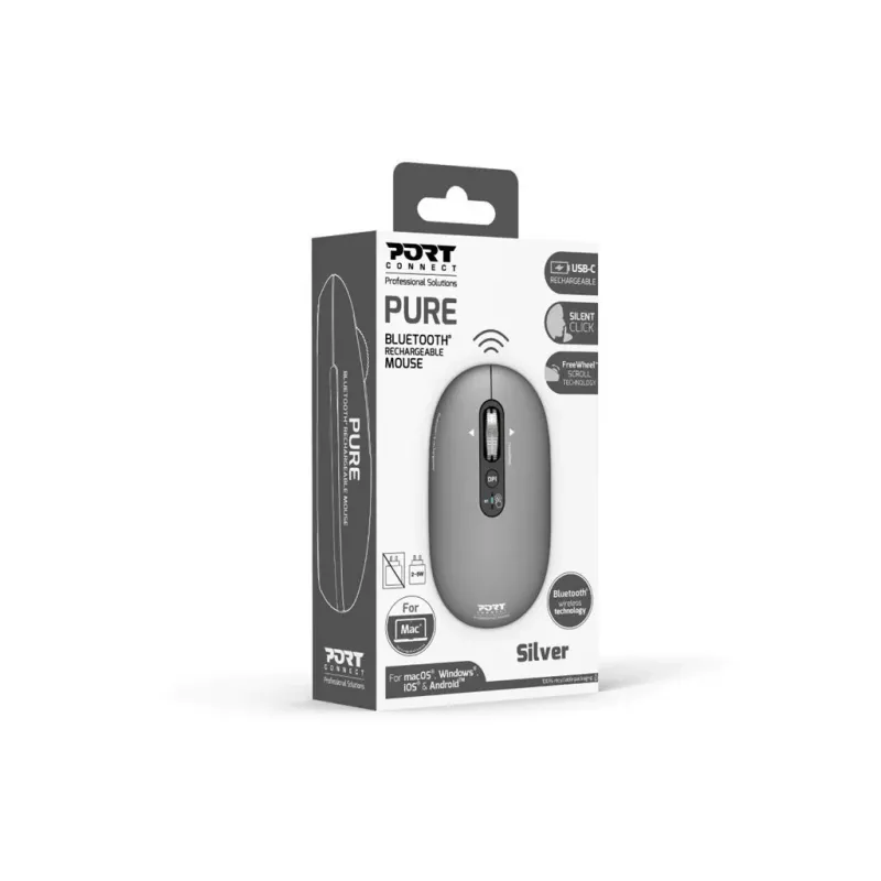 PORT Designs PORT Connect Professional PURE juhtmevaba laetav hiir - optiline - 4 nuppu - 2,4 GHz, Bluetooth - USB vastuvõtja - must