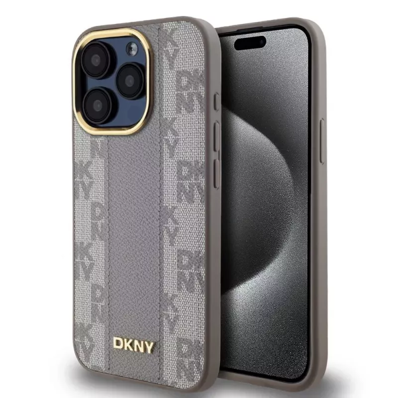 DKNY DKHMP15LPCPVSLE iPhone 15 Pro 6.1 Beige Hardcase Leather Checkered Mono Pattern MagSafe