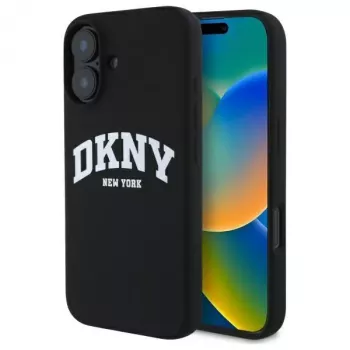 DKNY DKHMP16SSNYACH Kõva ümbris Apple iPhone 16 6,1-tollisele mustast silikoonist valge trükitud logoga MagSafe