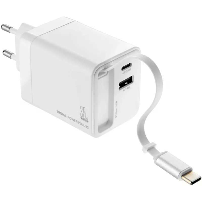 TROIKA POWER PULL 35 Autolaadija 35W USB-C PD & USB-A QC 3.0 Valge (CHA35/WH)