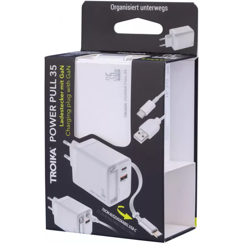 TROIKA POWER PULL 35 Autolaadija 35W USB-C PD & USB-A QC 3.0 Valge (CHA35/WH)