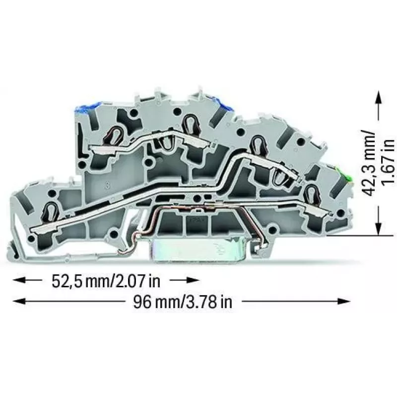 WAGO 2003-7646 3-juhiline läbiv klemmliist, 2,5 mm², 800 V, hall, DIN-riiuli paigaldus