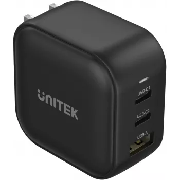 UNITEK GaN 66W 3-Port USB-C PD & QC 3.0 Laadija Must