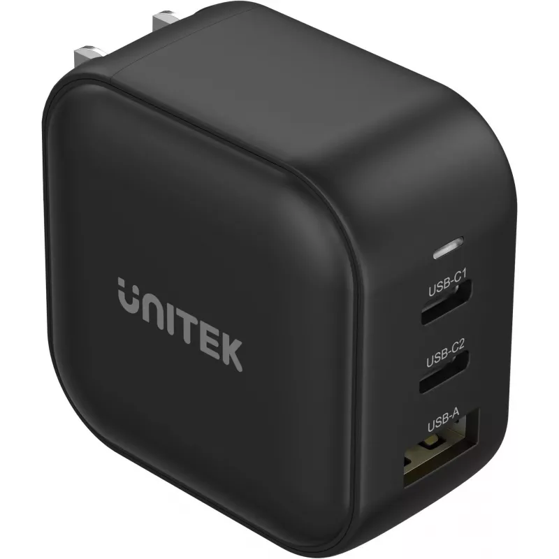 UNITEK GaN 66W 3-Port USB-C PD & QC 3.0 Laadija Must