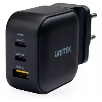 UNITEK GaN 66W 3-Port USB-C PD & QC 3.0 Laadija Must