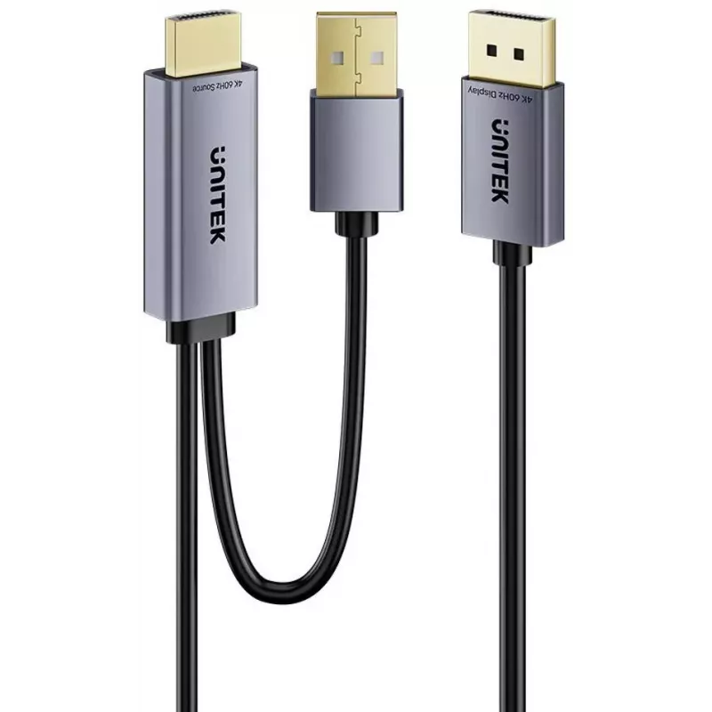 UNITEK HDMI to DisplayPort 4K kaabel USB-A toitega, 1,8 m, must