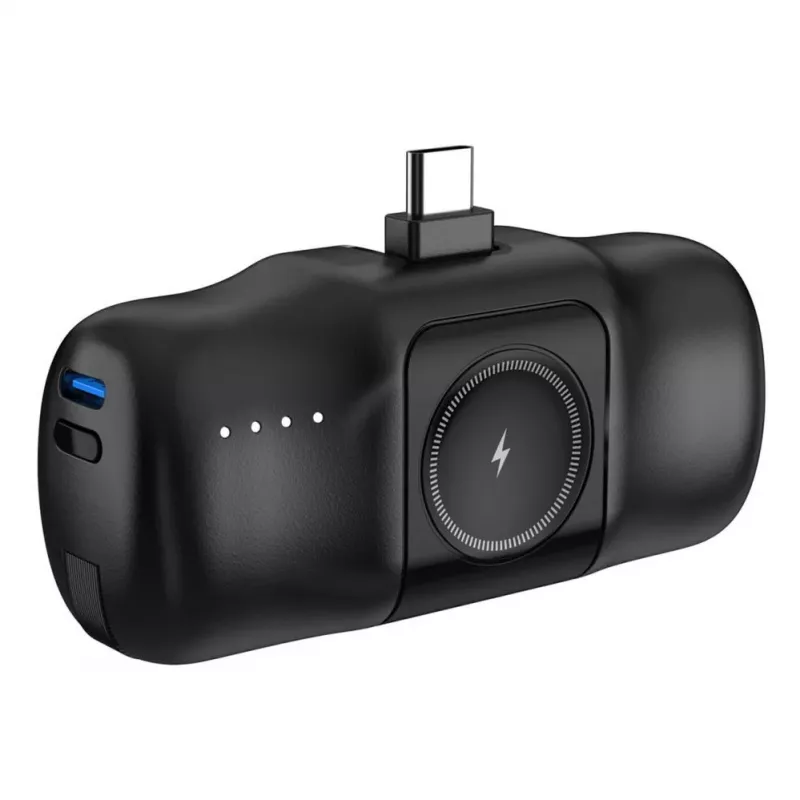Mini Power Bank Wozinsky WF16-YCS 5000mAh 15W USB-C sisseehitatud USB-C kaabli ja Apple Watch laadijaga - Must