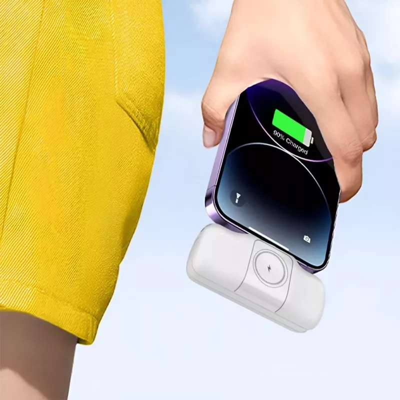WOZINSKY WF16-YCS Mini Power Bank 5000mAh 15W USB-C sisseehitatud USB-C kaabli ja Apple Watch laadijaga - Valge