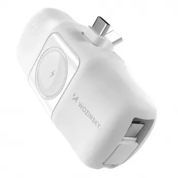 WOZINSKY WF16-YCS Mini Power Bank 5000mAh 15W USB-C sisseehitatud USB-C kaabli ja Apple Watch laadijaga - Valge