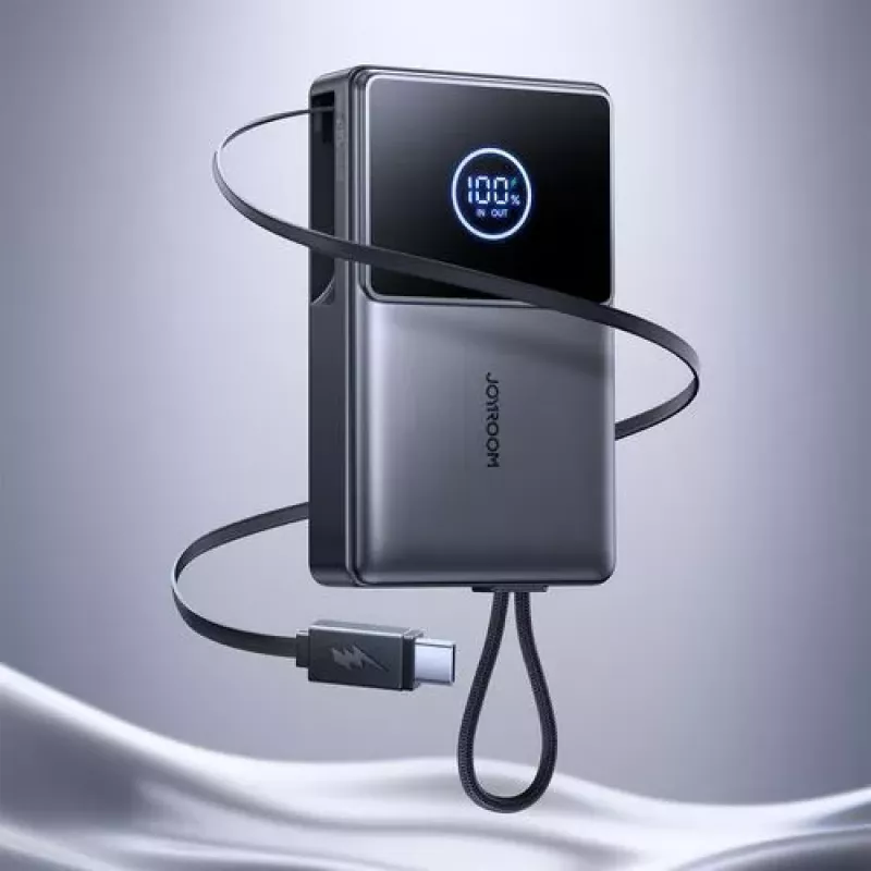 Joyroom JR-PR1 10000mAh 22.5W Power Bank sisseehitatud sissetõmmatava USB-C kaabliga, must