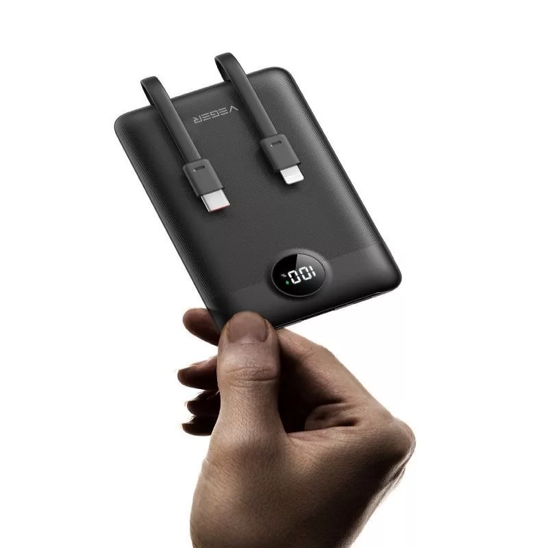 VEGER Powerbank C11 (W1170) PD QC3.0 22.5W 10000 mAh sisseehitatud USB-C ja Lightning kaablitega, must