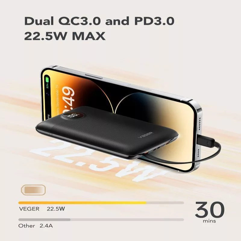 VEGER Powerbank C11 (W1170) PD QC3.0 22.5W 10000 mAh sisseehitatud USB-C ja Lightning kaablitega, must
