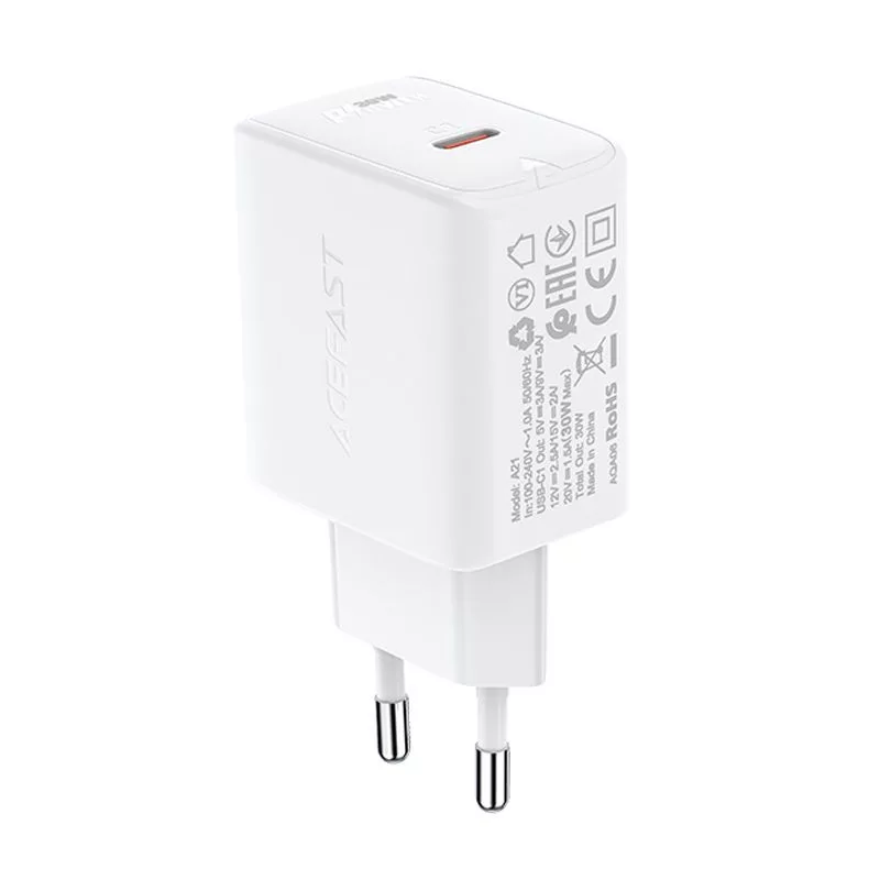 ACEFAST GaN USB-C laadija 30W PD QC 3.0 AFC FCP Valge (A21)