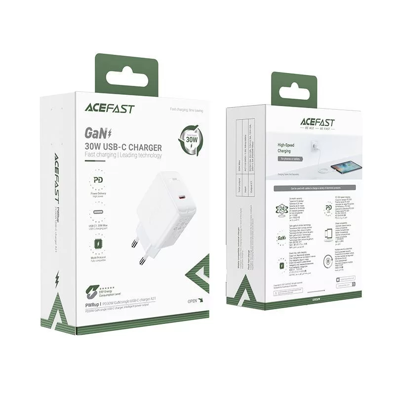 ACEFAST GaN USB-C laadija 30W PD QC 3.0 AFC FCP Valge (A21)
