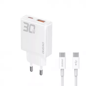 Dudao A30EU GaN 30W USB-C USB-A seinadapter koos USB-C–USB-C kaabliga 1m valge
