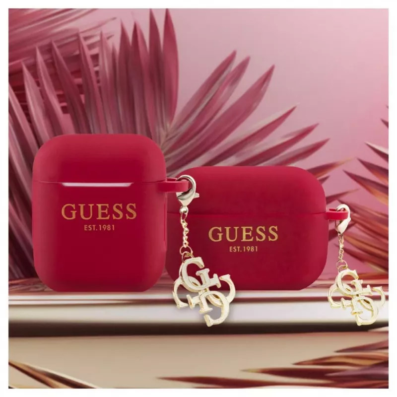 Guess Apple AirPods 1/2 ümbris silikoonist Classic Logo Gold koos 4G ripatsiga Magenta