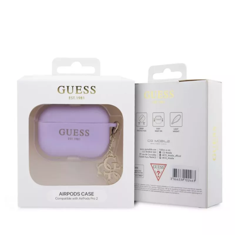 Guess Apple AirPods Pro 2 ümbris silikoonist Classic Logo Gold koos 4G ripatsiga lilla