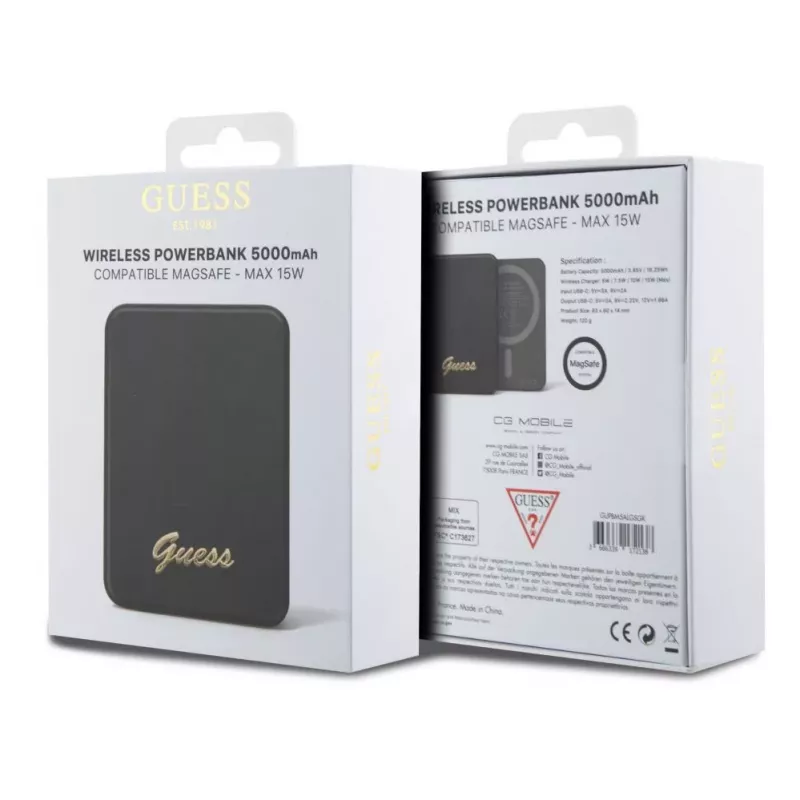 Guess Power Bank 5000mAh 15W MagSafe ja tavalaadimine metallist Script logoga must