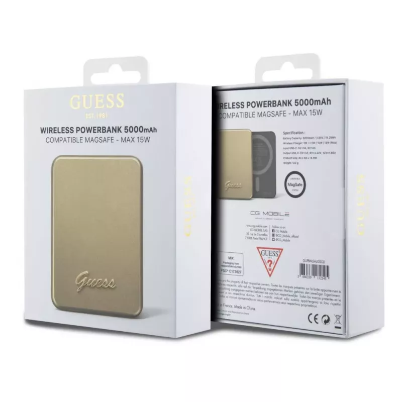 Guess Power Bank 5000mAh 15W MagSafe ja tavalaadimine metallist logoga kuldne
