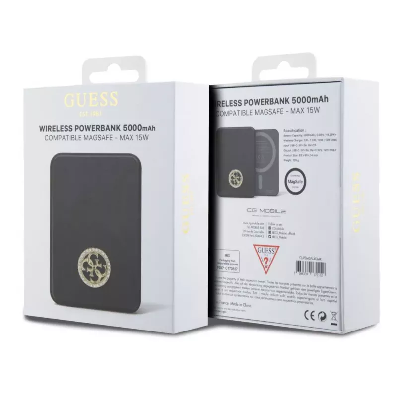 Guess Power Bank 5000mAh 15W MagSafe ja tavalaadimine strassitud 4G logoga must