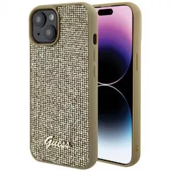 Guess Apple iPhone 15 HC PU Disco Script Metal Gold Tagakaas