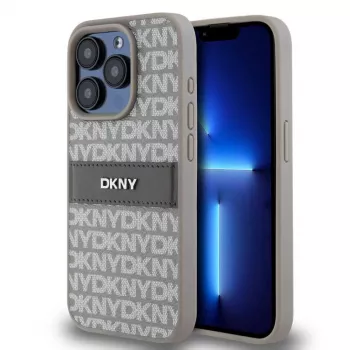 DKNY PU Nahk Korduvmustriga Toonitud Triipudega Ümbris iPhone 15 Pro jaoks, Beež