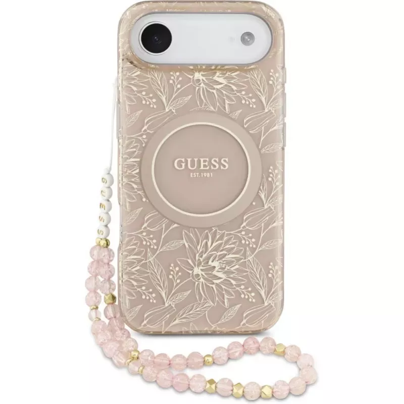 Guess Apple iPhone 17 Air Silicone Case with MagSafe Flowers Allover with Pearl Strap Pink