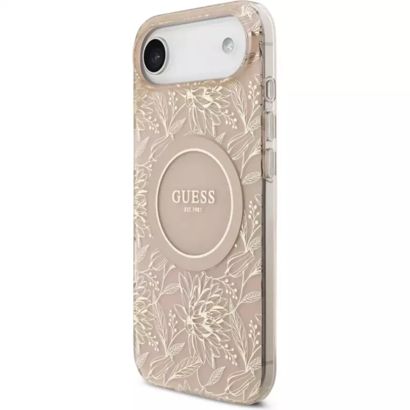 Guess Apple iPhone 17 Air Silicone Case with MagSafe Flowers Allover with Pearl Strap Pink