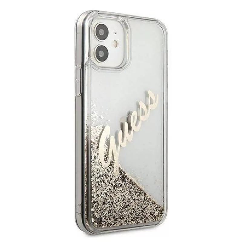 Guess Apple iPhone 12 Mini 5.4 inch Liquid Glitter Vintage Cover Gold