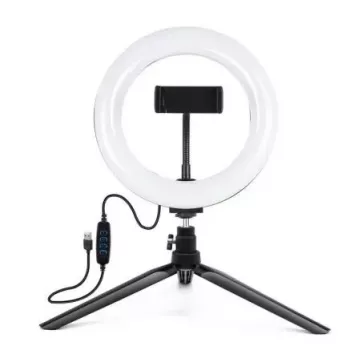 Elight ST6-5 16cm 10W LED-valgusring koos telefonihoidja, 0,5m metallist statiivi ja BT-puldiga, must